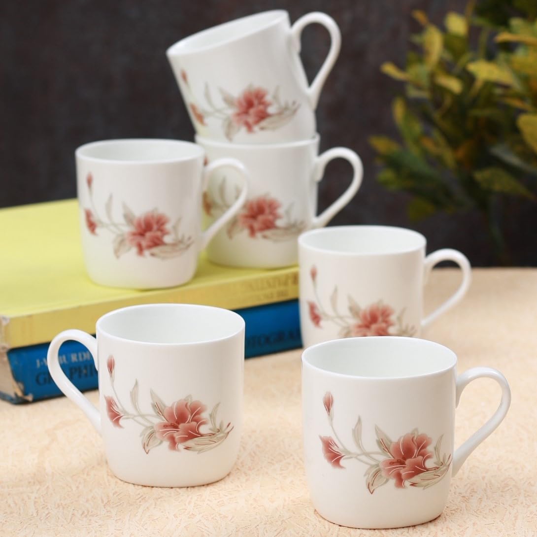 Clay Craft Fine Ceramic | Floral Printed | Tea/Coffee Cups - Set of 6-180 ml Each (Blue Flower), Tea Cup Set of 6, Microwave & Dishwasher Safe, Mugs for Coffee, Cups Set of 6, Ideal for Gifting