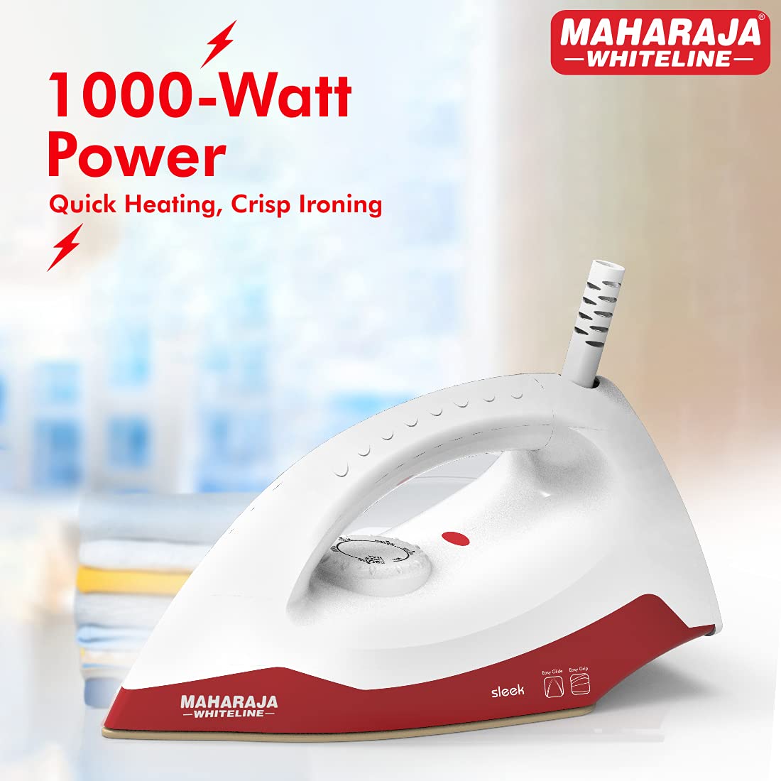 Maharaja Whiteline Sleek Plus Dry Iron, 1000 Watt, White and Red (DI-128)