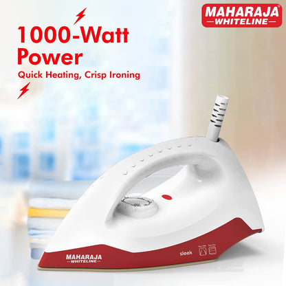 Maharaja Whiteline Sleek Plus Dry Iron, 1000 Watt, White and Red (DI-128)