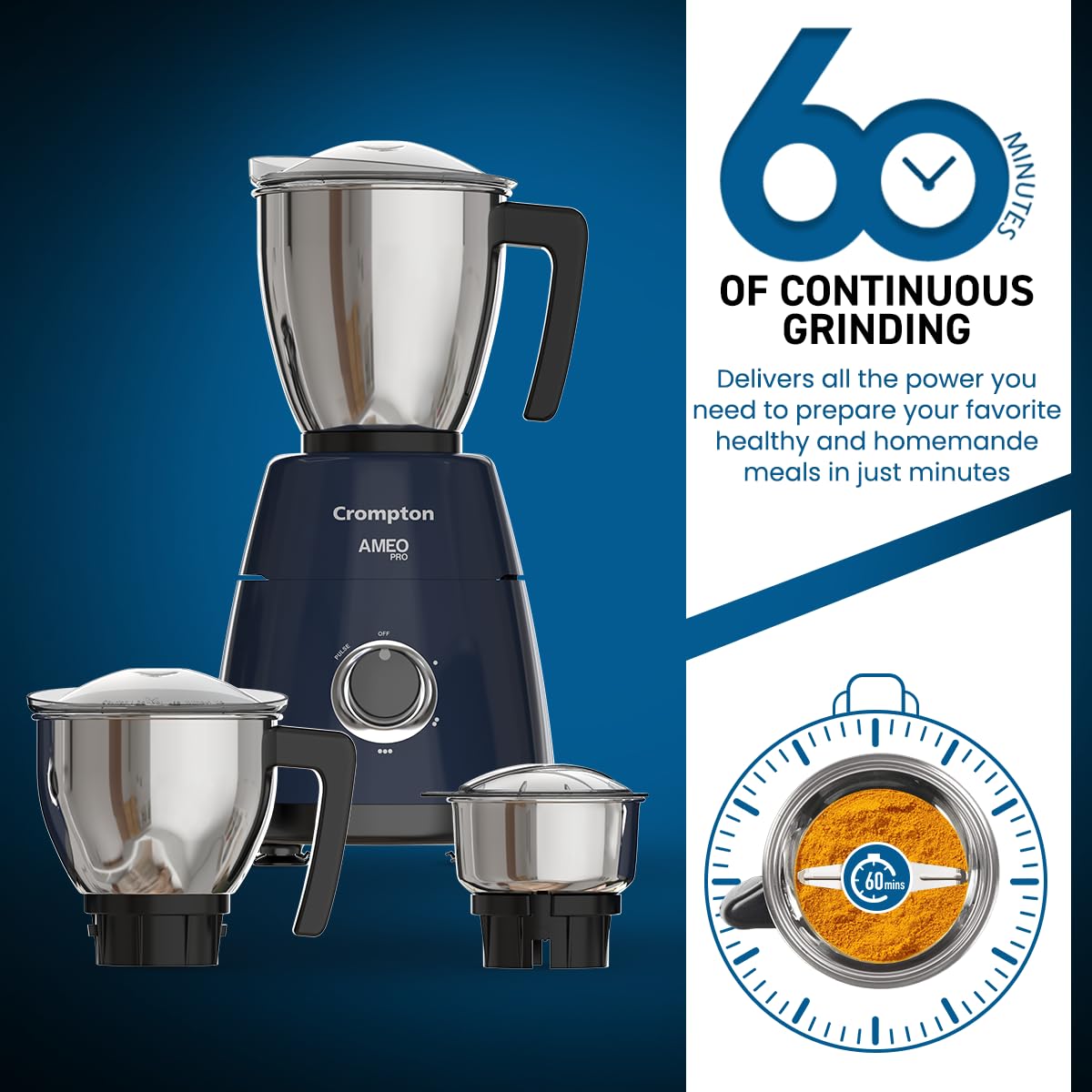 Crompton Ameo Pro 750W 3 Jar | Mixer Grinder | MaxiGrind | Motor Vent-X Technology |3 Stainless Steel Jars and 1 Juicer Jar | Black & Blue