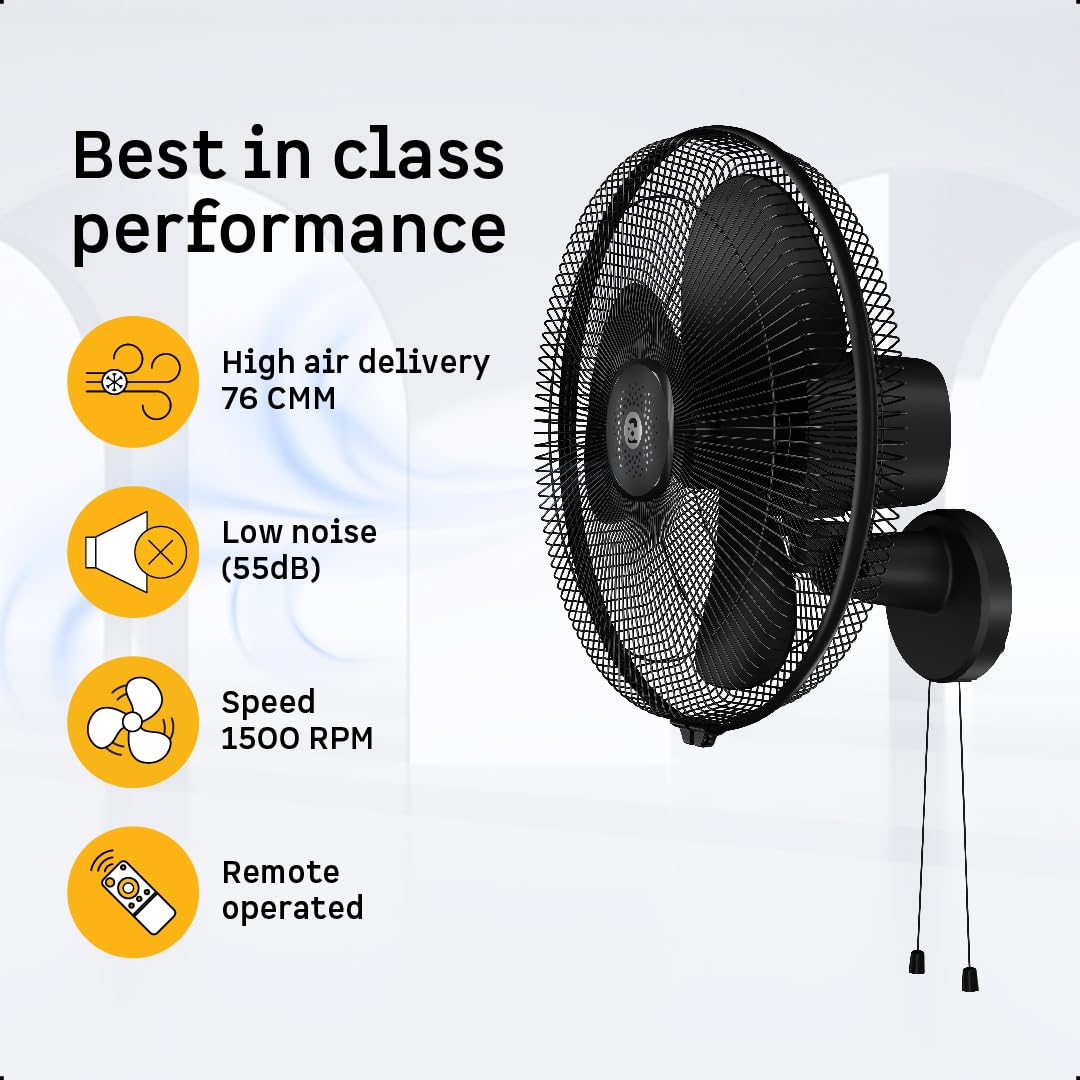 atomberg Renesa 400mm Wall Mount Fan | 5-star rated | Ideal for Home & Office | Silent BLDC Fan | 6 Speeds | 35W | Remote with Oscillation, Timer, Sleep | 2 Years Warranty (Midnight Black)