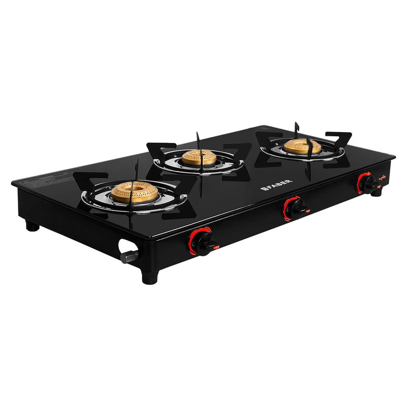 Faber COOKTOP Jade 3BC BK 3 Burner Gas Cooktop, Manual Ignition, Black, Cast Iron Burners with Powder Coated Pan Support