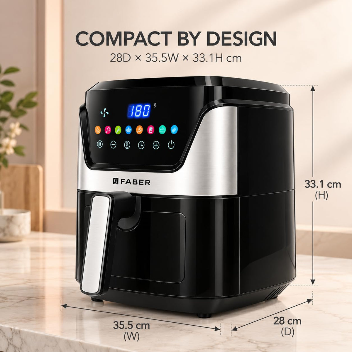 Faber 6L 1500W Digital Air Fryer | Fry, Bake, Roast, Toast, Defrost, Grill & Reheat | 85% Less Oil, 360° Air Cooking|8-P