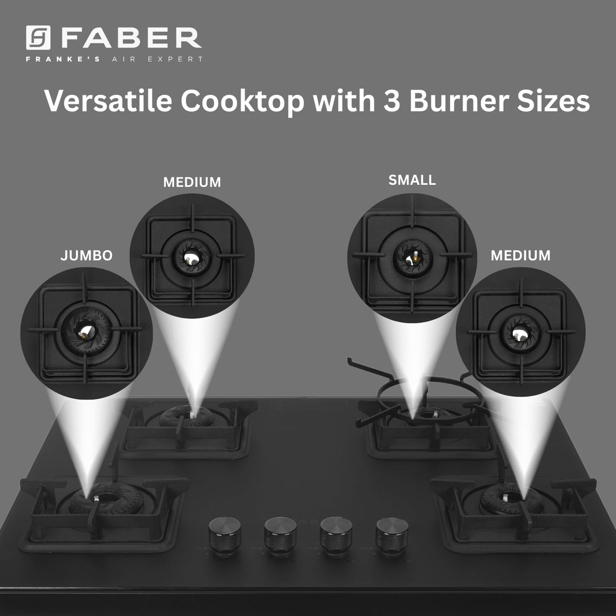 Faber Evoke 4 Burner 65Cm Cooktop |Auto Ignition| |Metal Knobs| MS Diamond Coated Pan Support | Matt Black Glass Finish 