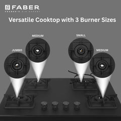 Faber Evoke 4 Burner 65Cm Cooktop |Auto Ignition| |Metal Knobs| MS Diamond Coated Pan Support | Matt Black Glass Finish 