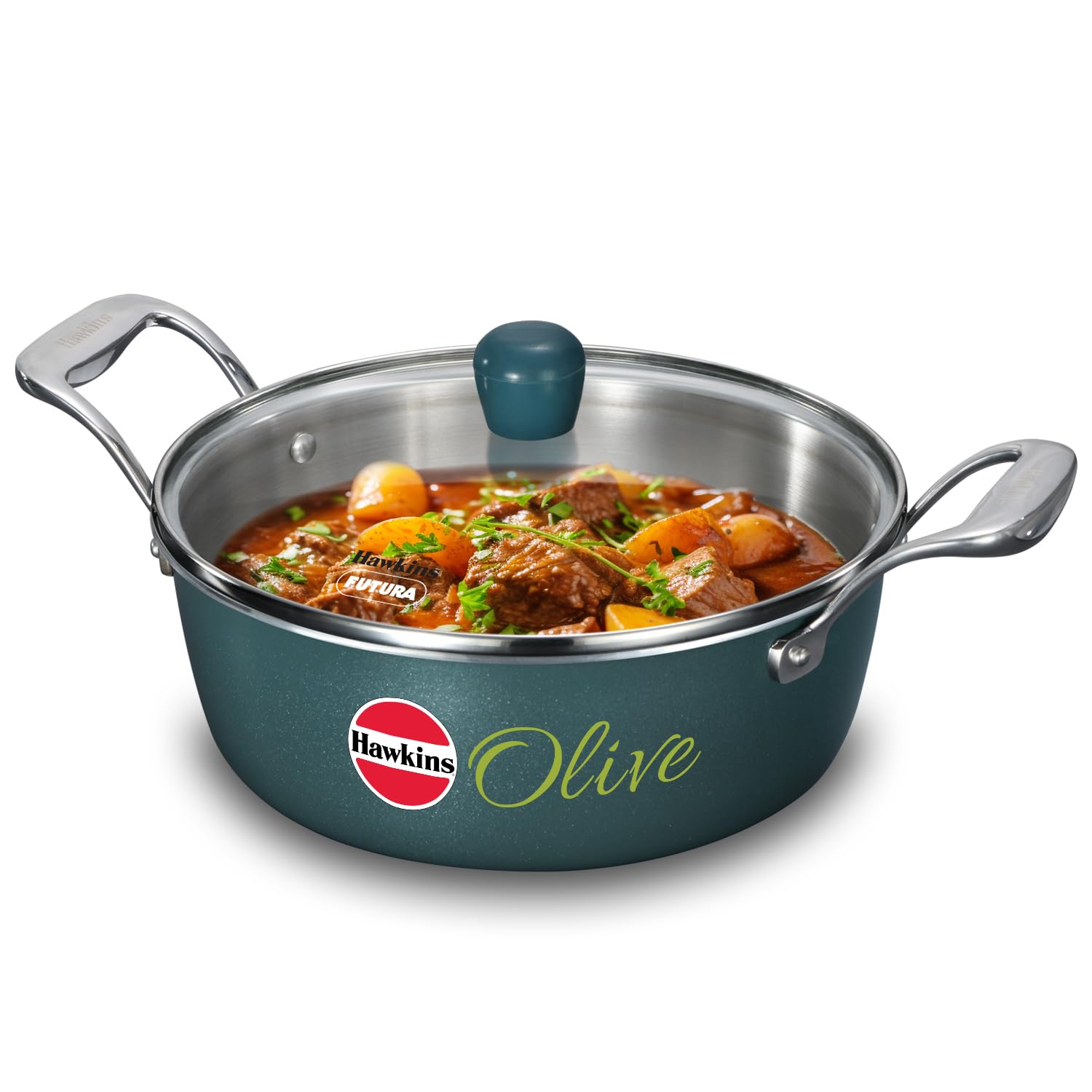 Hawkins Olive Pro 3 Litre Cook n Serve Bowl, Triply Stainless Steel Pan with Stainless Steel Handles and Glass Lid, Green (POSC30G)
