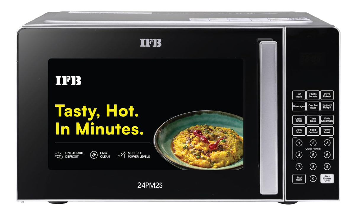 IFB 24L Solo Microwave Oven with 69 Auto Cook Menus (24PM2S, Silver, Mug Recipes, Steam Clean, Auto Reheat, Preset Timer