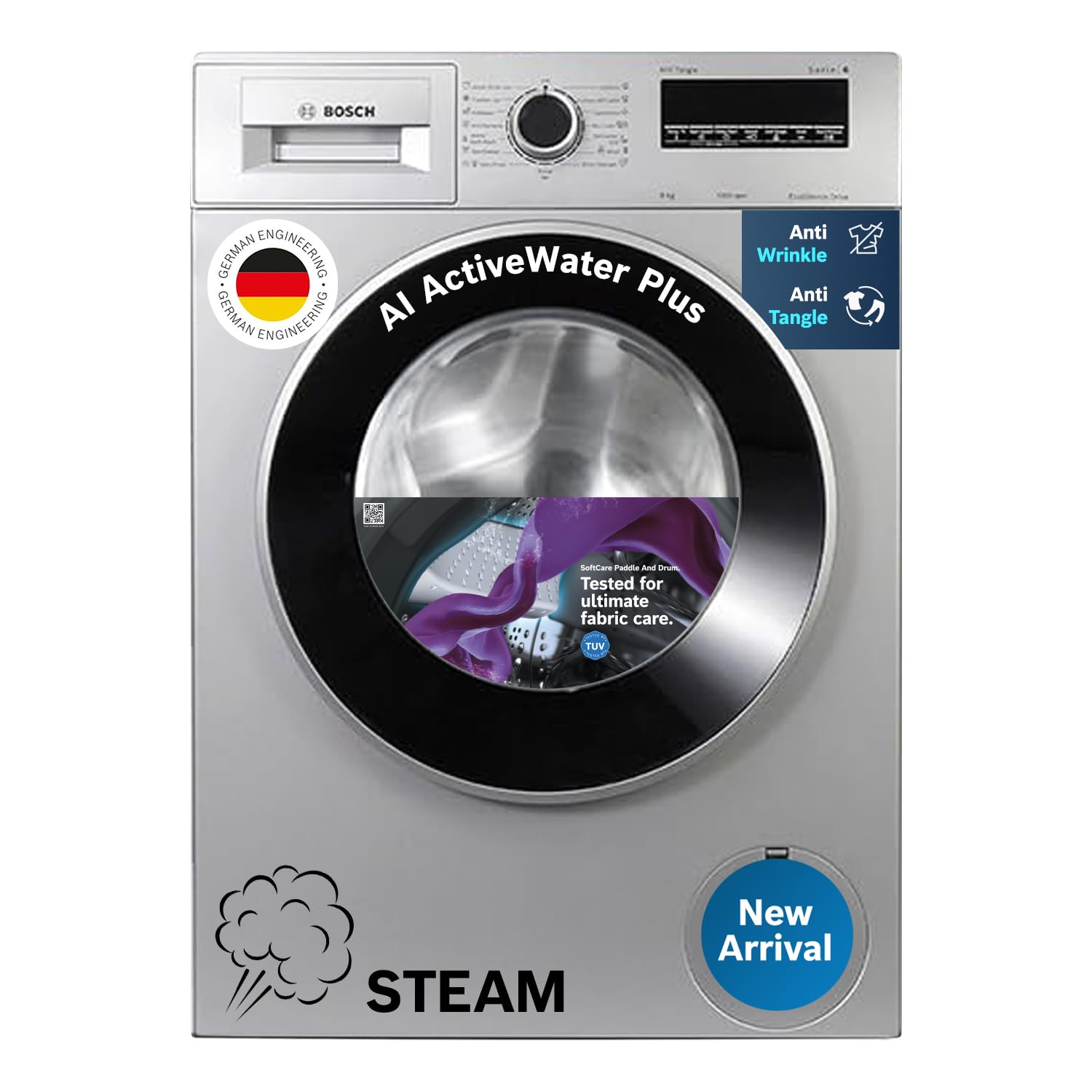 Bosch 8 kg, 5 Star, AI Active Water+, Anti-Tangle, Steam Anti Bacterial, Anti-Wrinkle Fully-Automatic Front Loading Washing Machine (WAJ2826BIN, In-Built Heater, Shiny Silver)