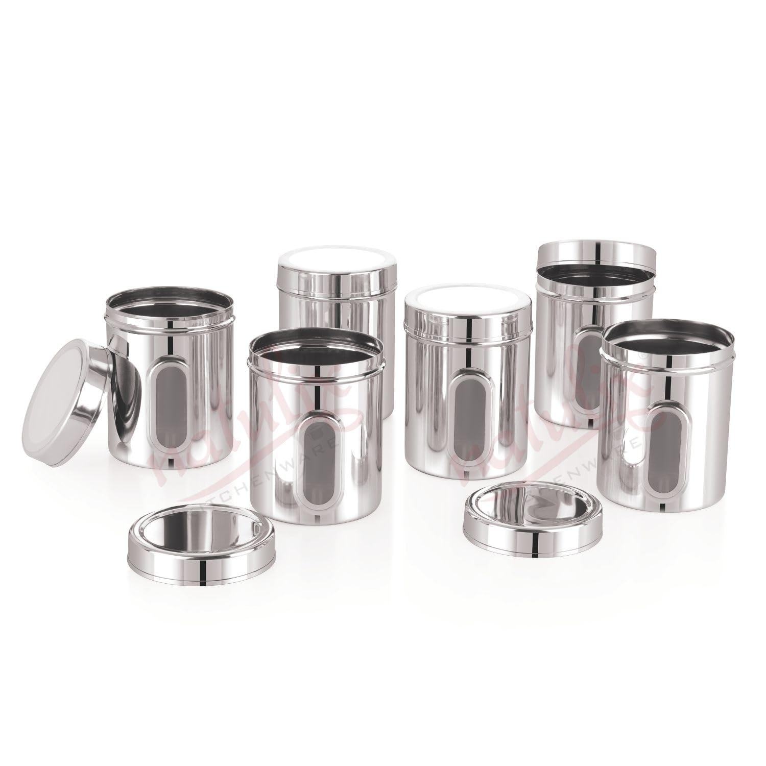 NATULIX 1 Kg Stainless Steel Containers for kitchen with See Through Window | Kitchen Containers Set | Silver | Mirror Finish (1250ml - 6pcs) Food Grains Capacity - 1kg Approx