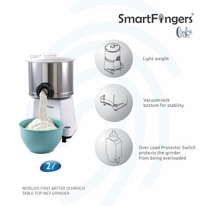 SmartFingers Comfort Plus Table Top Magic Wet Grinder 230V 50hz, 2 Liter, White, 2 Stone