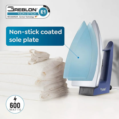 Prestige Magic Cruise 600W Dry Iron|Greblon Non-Stick Coated Sole Plate|Wide Range Of Fabric Interface|Light Weight|Neon Indicator Light|2 Year Warranty|Blue & Silver