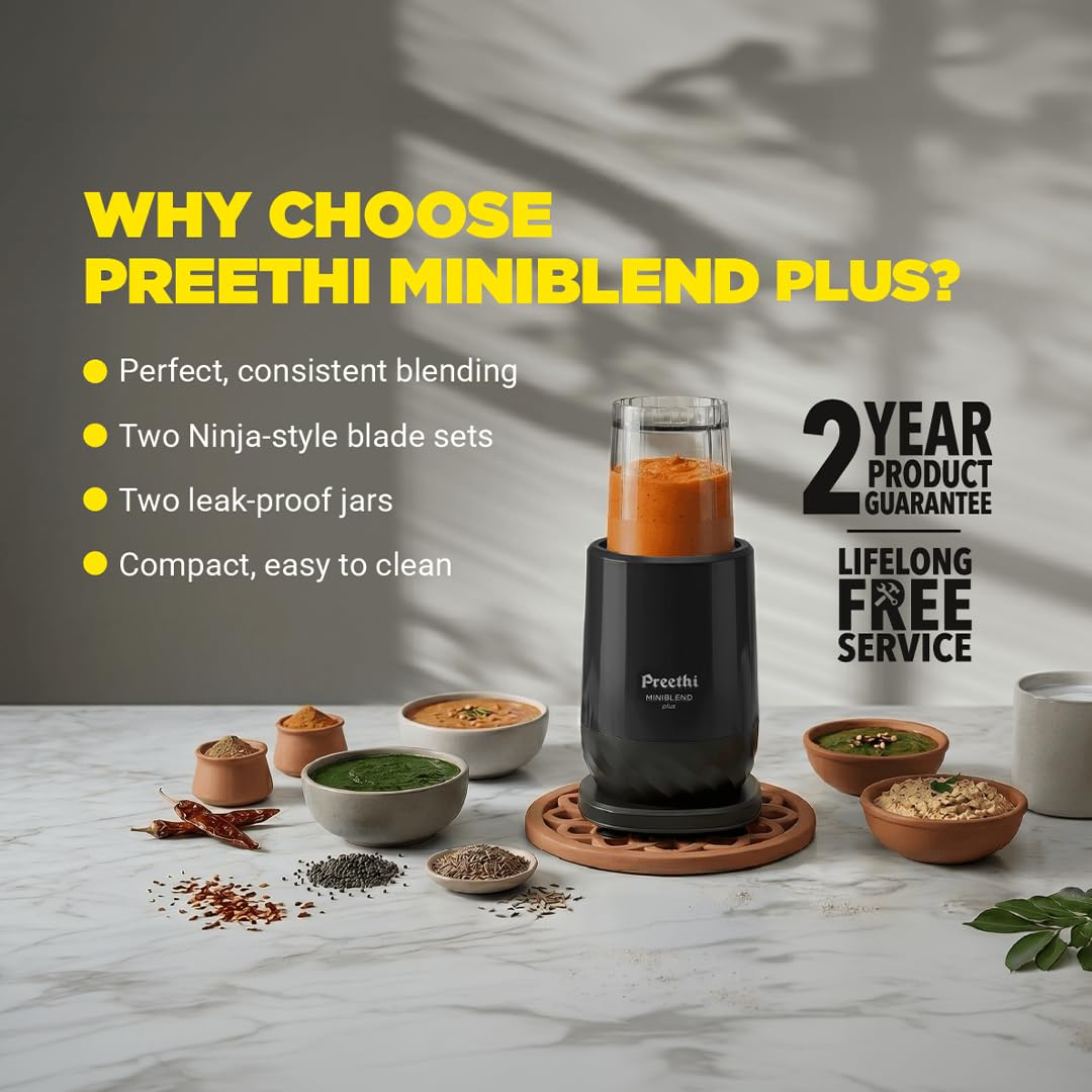 Preethi MiniBlend Plus Plastic Blender, 3 Jars, 300W for Blend, Grind & Store, Black