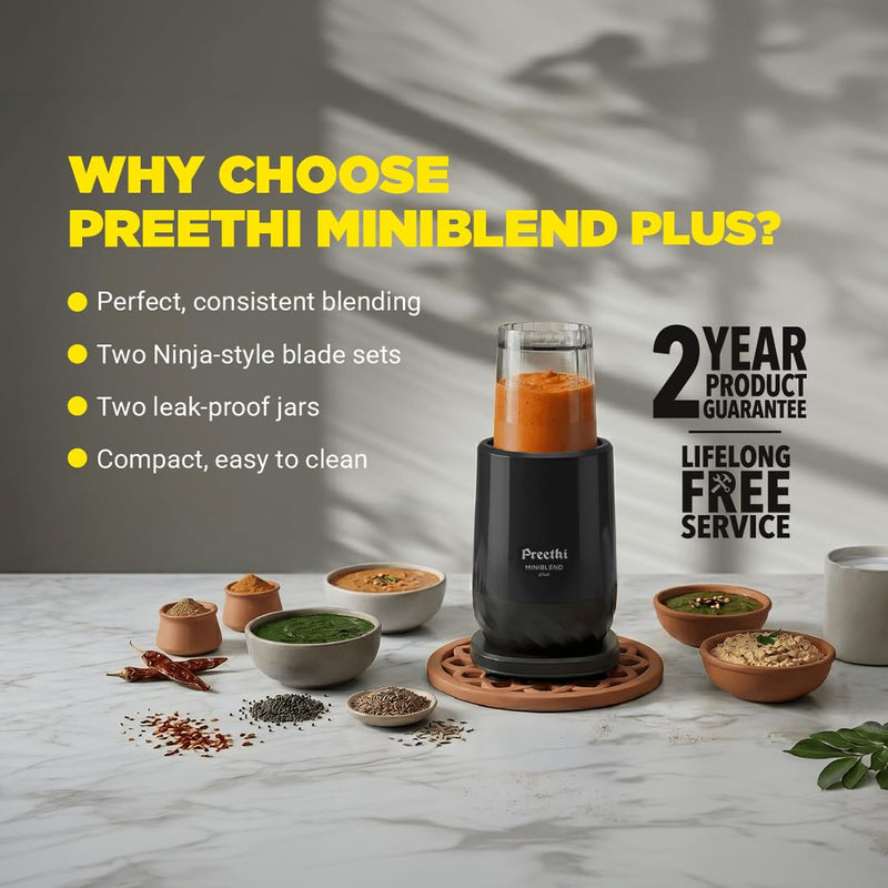 Preethi MiniBlend Plus Plastic Blender, 3 Jars, 300W for Blend, Grind & Store, Black