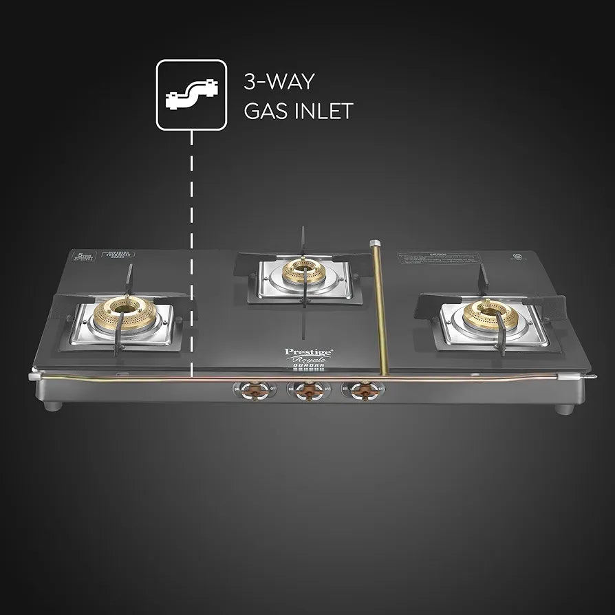 Prestige Royale Quadra 3Burner Gas Stove|Superior Toughened Glasstop with 5-Year Warranty| 3-Way Nozzle Design|Tri-Pin Jumbo Burner |Uniquely Designed Pan Support |Elegantly Designed Knobs|Black