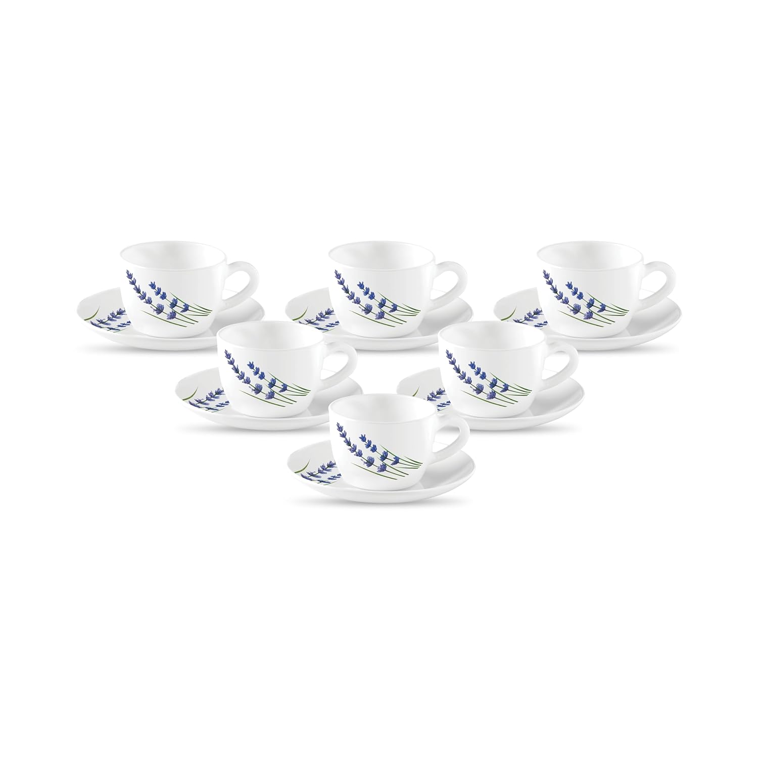 La Opala, Novo Collection Opal Glass Crockery | Cup & Saucer Princess, Set of 12 | English Lavender, 150 ml | for Tea & Coffee | Microwave Safe | 100% Vegetarian | Extra Strong | Super Light & White