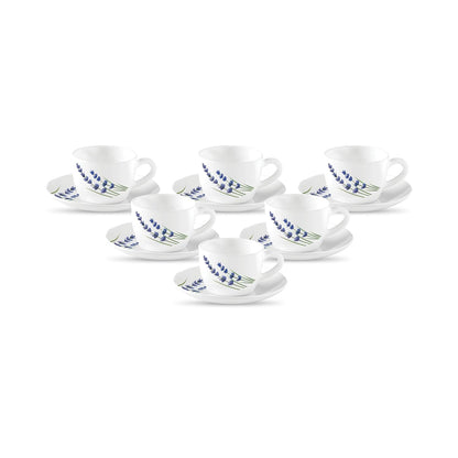 La Opala, Novo Collection Opal Glass Crockery | Cup & Saucer Princess, Set of 12 | English Lavender, 150 ml | for Tea & Coffee | Microwave Safe | 100% Vegetarian | Extra Strong | Super Light & White