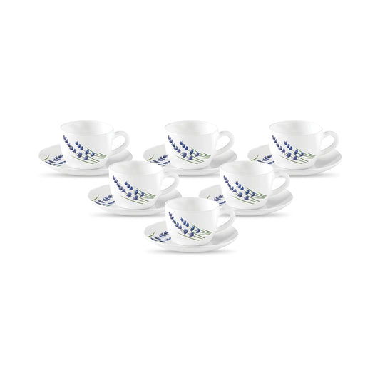 La Opala, Novo Collection Opal Glass Crockery | Cup & Saucer Princess, Set of 12 | English Lavender, 150 ml | for Tea & Coffee | Microwave Safe | 100% Vegetarian | Extra Strong | Super Light & White