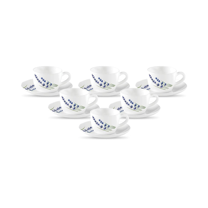 La Opala, Novo Collection Opal Glass Crockery | Cup & Saucer Princess, Set of 12 | English Lavender, 150 ml | for Tea & Coffee | Microwave Safe | 100% Vegetarian | Extra Strong | Super Light & White