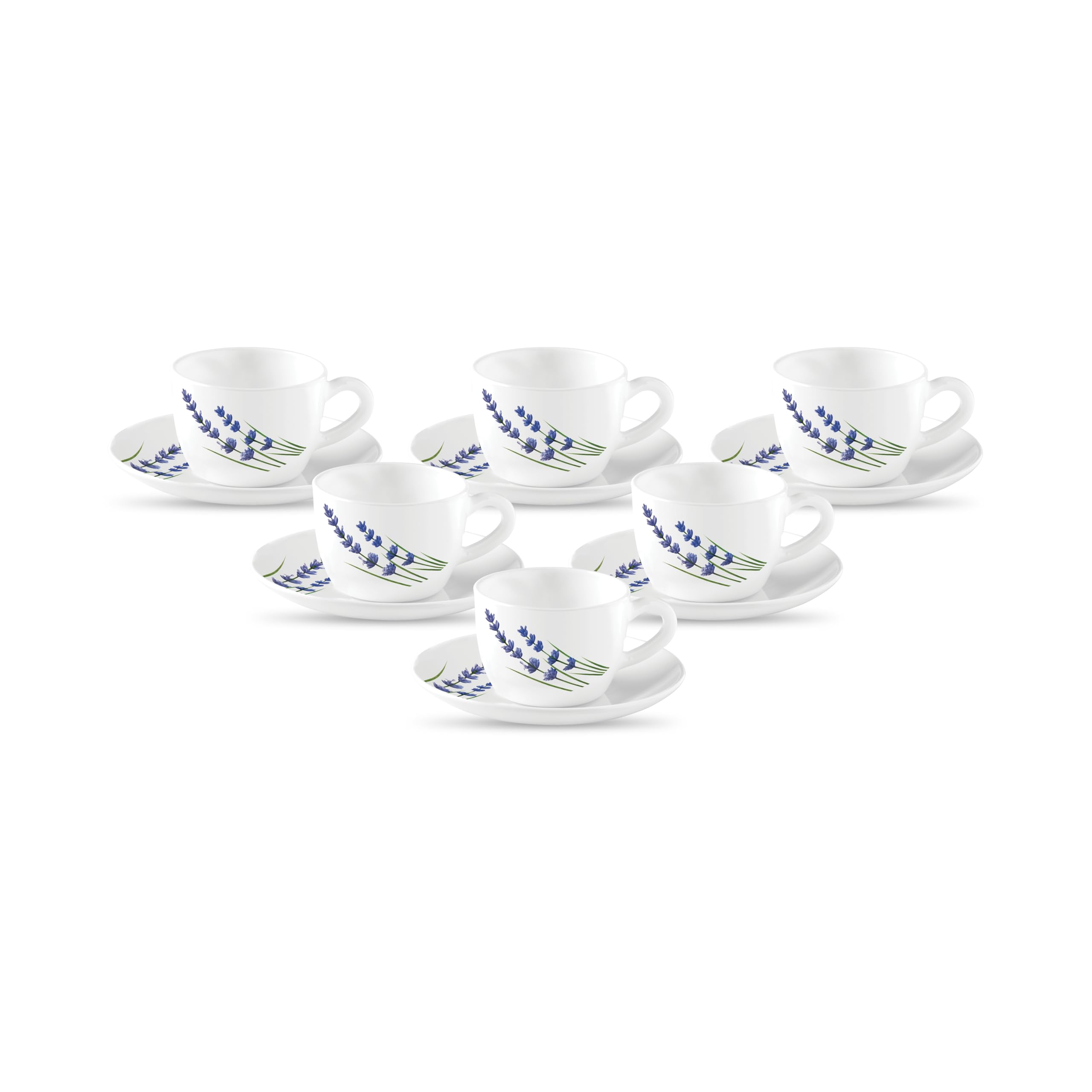 La Opala, Novo Collection Opal Glass Crockery | Cup & Saucer Lily, Set of 12 | Trinty Green, 150 ml | for Tea & Coffee | Microwave Safe | 100% Vegetarian | Extra Strong | Super Light | Super White