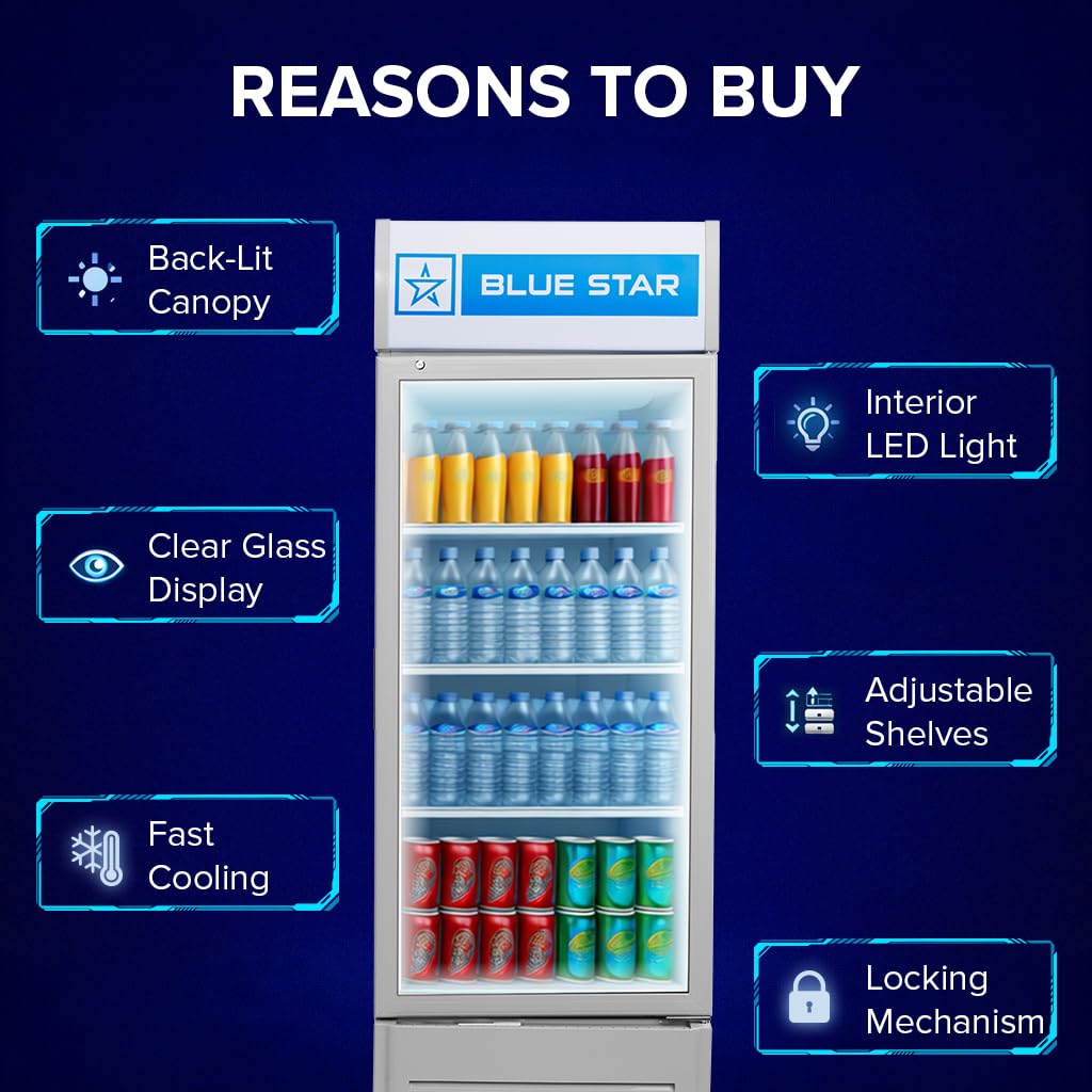 Blue Star VC325 5 Star Frost Free Vertical Glass Single Door Visi Cooler (300L, white)
