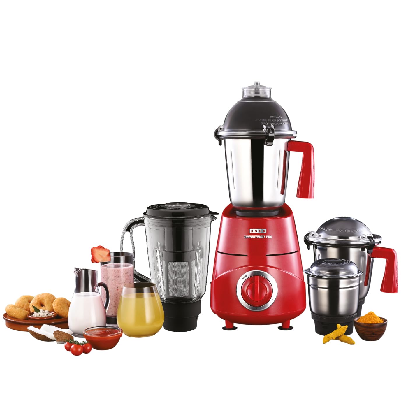 USHA Thunderbolt Pro 1000 Watts Copper Motor Mixer Grinder With 4 Jars|3 Heavy Gauge Food Grade Ss&1 Pc Transparent Break-Resistant Blender Jar With Fruit Filter|2 Yr Product&5Yrs Motor Warranty(Red)