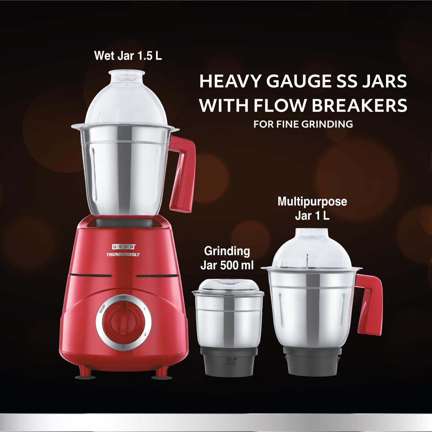 USHA Thunderbolt 800-Watt Copper Motor Mixer Grinder with 3 Jars and 5 Years Motor Warranty(Red)