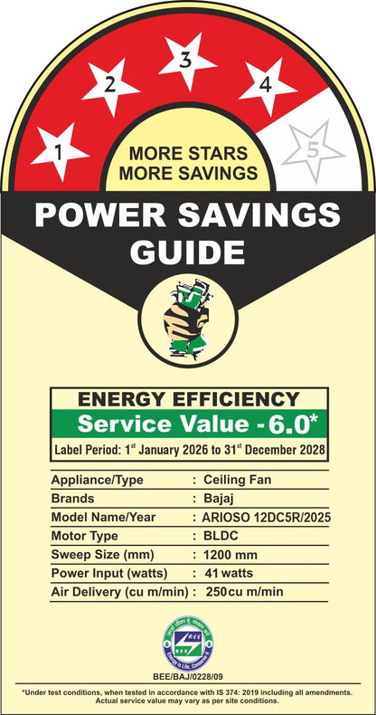 Bajaj Arioso 12DC5R 1200MM Silent Abs BLDC Ceiling Fan For Home | 5 Starrated Energy Efficient | Remote Control | High Air Delivery, Silent Operation | Unique Adjustable Canopy 【White & Chrome】