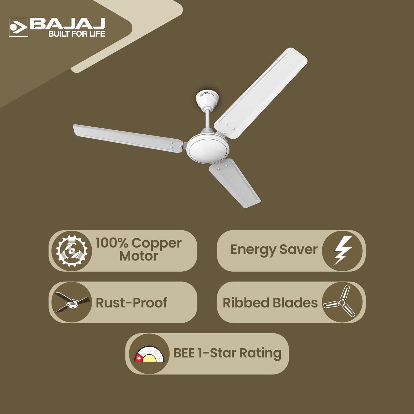 Bajaj Frore 1200 MM (48") Stars Rated Ceiling Fans for Home | BEE 1 star Rated Energy Efficient Ceiling Fan | Rust Free Coating for Long Life | High Air Delivery | 2-Yr Warranty 【White】