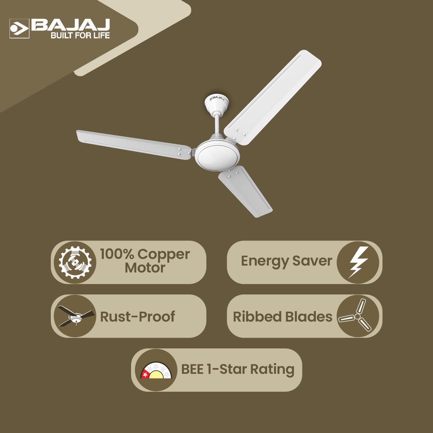 Bajaj Frore 1200 MM (48") Stars Rated Ceiling Fans for Home | BEE 1 star Rated Energy Efficient Ceiling Fan | Rust Free Coating for Long Life | High Air Delivery | 2-Yr Warranty 【White】