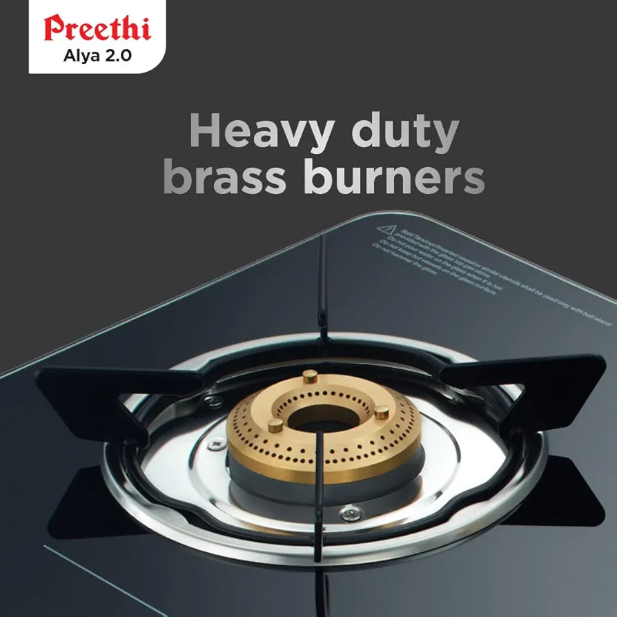 Preethi Alya 2 Burner Glass Top Gas Stove | 5-Year Warranty on Glass & Burners | ISI Certified