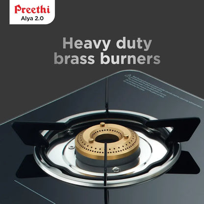 Preethi Alya 2 Burner Glass Top Gas Stove | 5-Year Warranty on Glass & Burners | ISI Certified