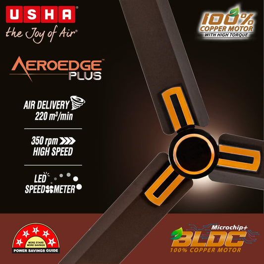 USHA AeroEdge Plus 1200mm BLDC Ceiling Fan with IR Remote | LED Indicator | BEE 5 Star Rated Energy Efficient | 100% Copper Motor | High Air Delivery 220CMM | 2 Year Warranty | (Smoke Brown)
