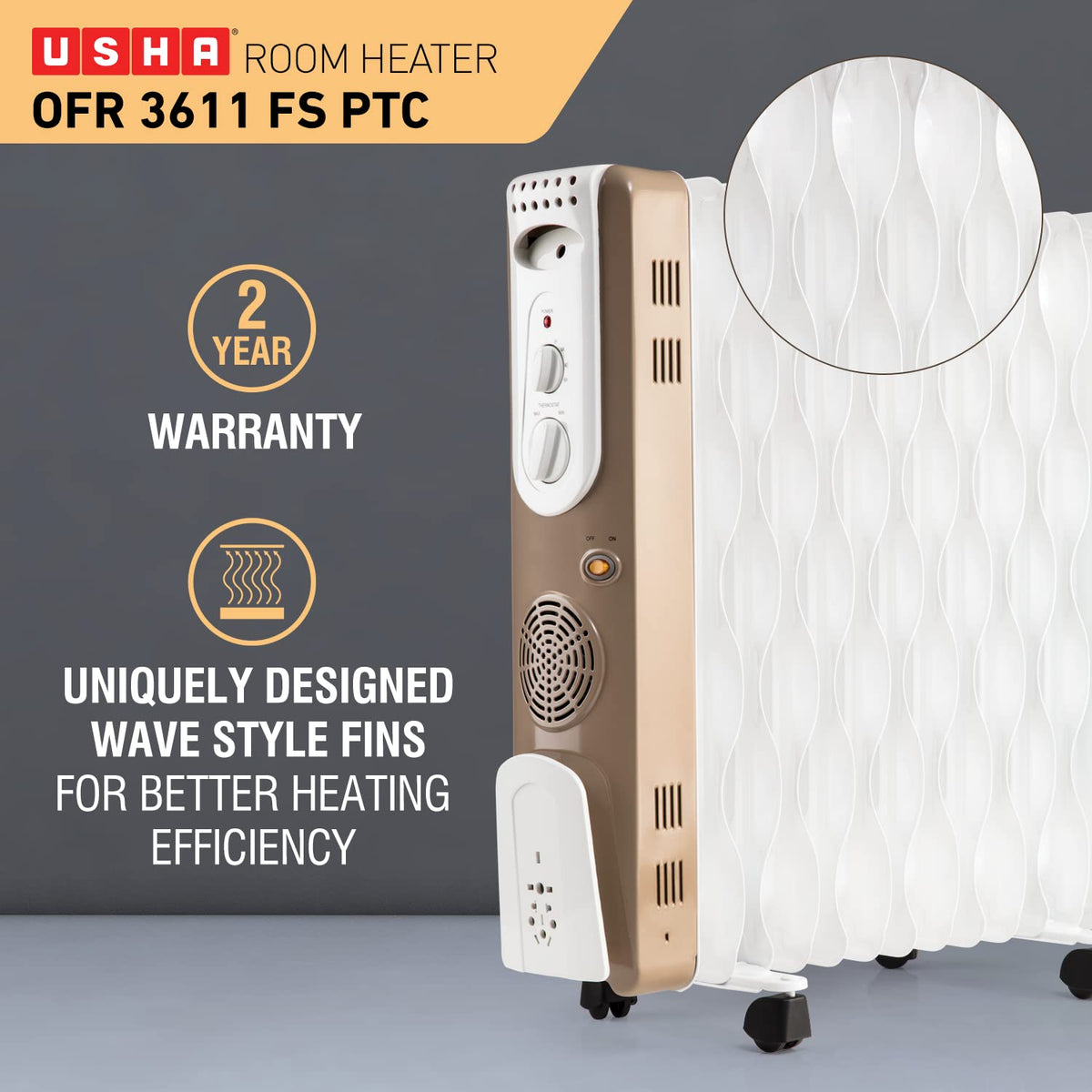 Usha 3611FS PTC 2500-Watt Oil Filled Radiator (White)