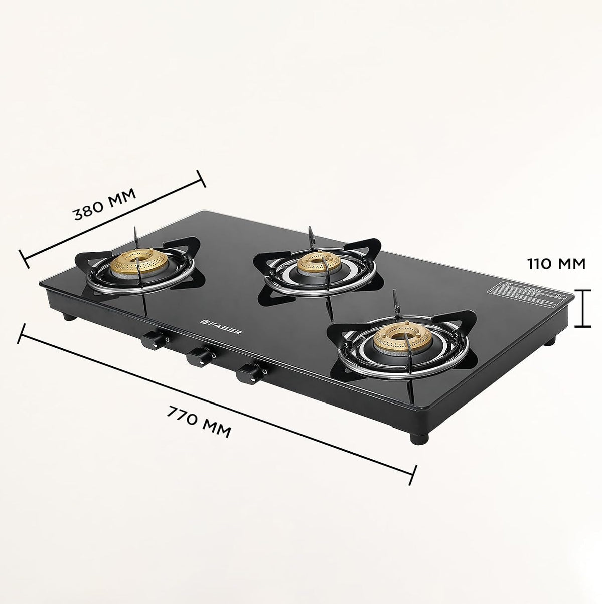 Faber 3 Burner 77cm Cooktop | Black Glass Top | 3 Brass Burners (1 Jumbo + 1 Medium + 1 Small) | SS Drip Tray | Powder C