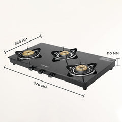 Faber 3 Burner 77cm Cooktop | Black Glass Top | 3 Brass Burners (1 Jumbo + 1 Medium + 1 Small) | SS Drip Tray | Powder C