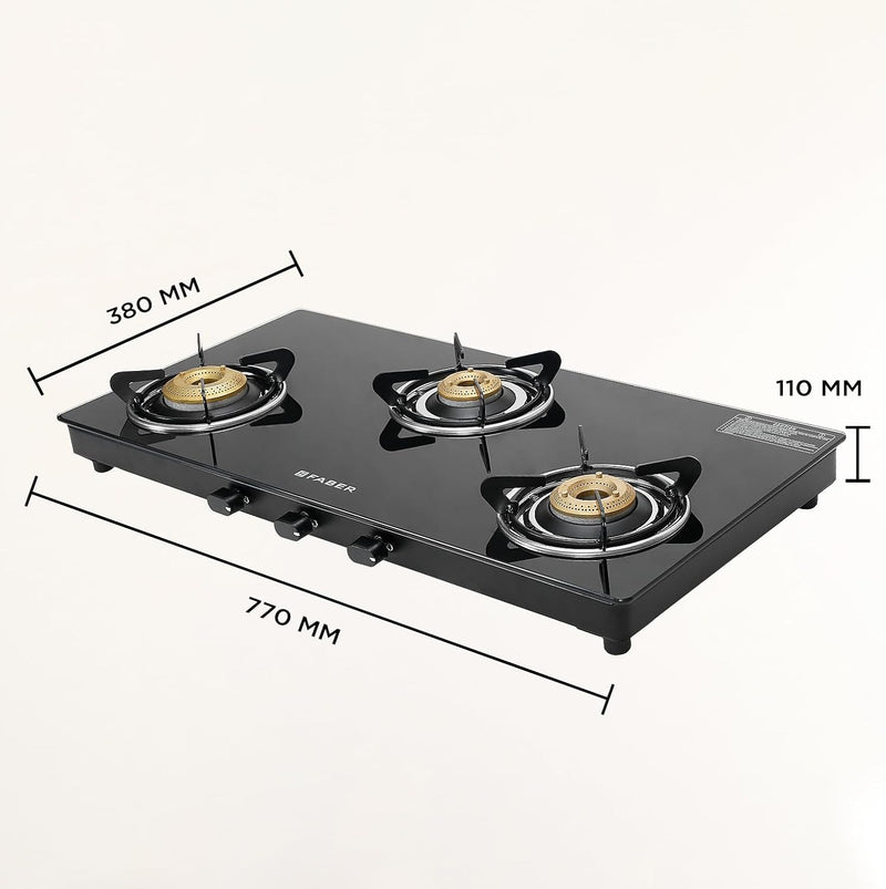 Faber 3 Burner 77cm Cooktop | Black Glass Top | 3 Brass Burners (1 Jumbo + 1 Medium + 1 Small) | SS Drip Tray | Powder C