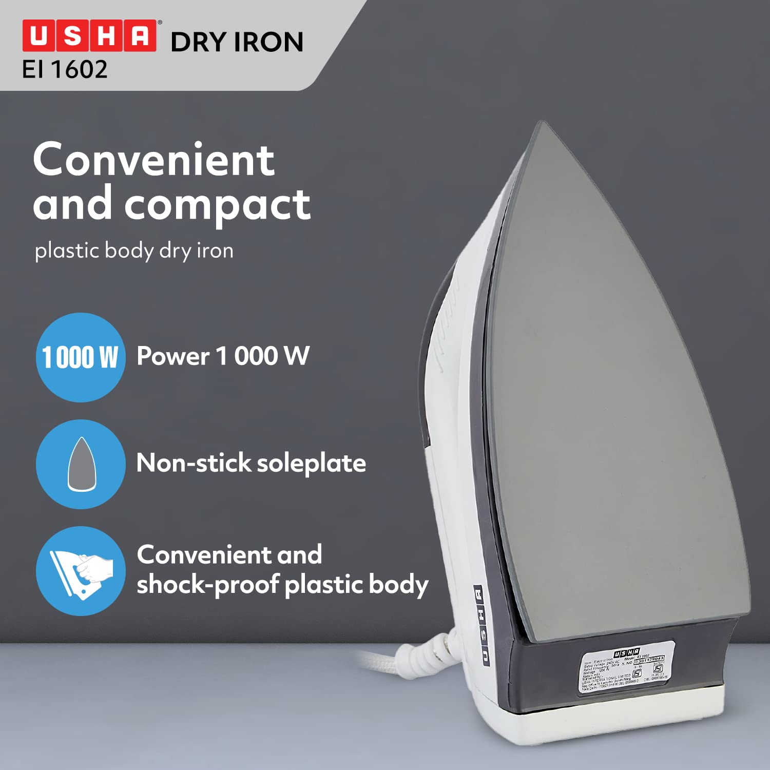 Usha EI 1602 1000-Watt Lightweight Dry Iron (multi-colour)