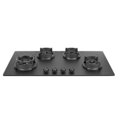 Faber Della 4 Burner 90cm Hob With Auto-Ignition, Brass Burner, Cast Iron Pan Support, Cooktop Hybrid, Matt Black Glass 
