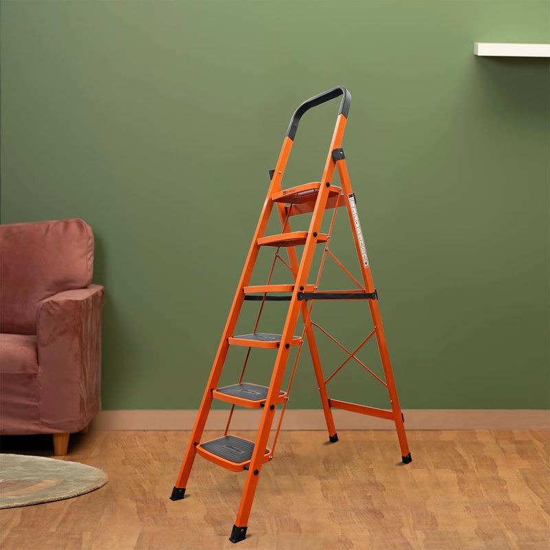 Bonkaso Climb Lite Pro+ 7 Step - Aluminium Foldable Ladder with Tool Tray (130W x 209H Cm) | Heavy-Duty, Anti-Slip & Firm Grip for Home, Indoor & Outdoor Use | Durable & Portable (Yellow & Satin)