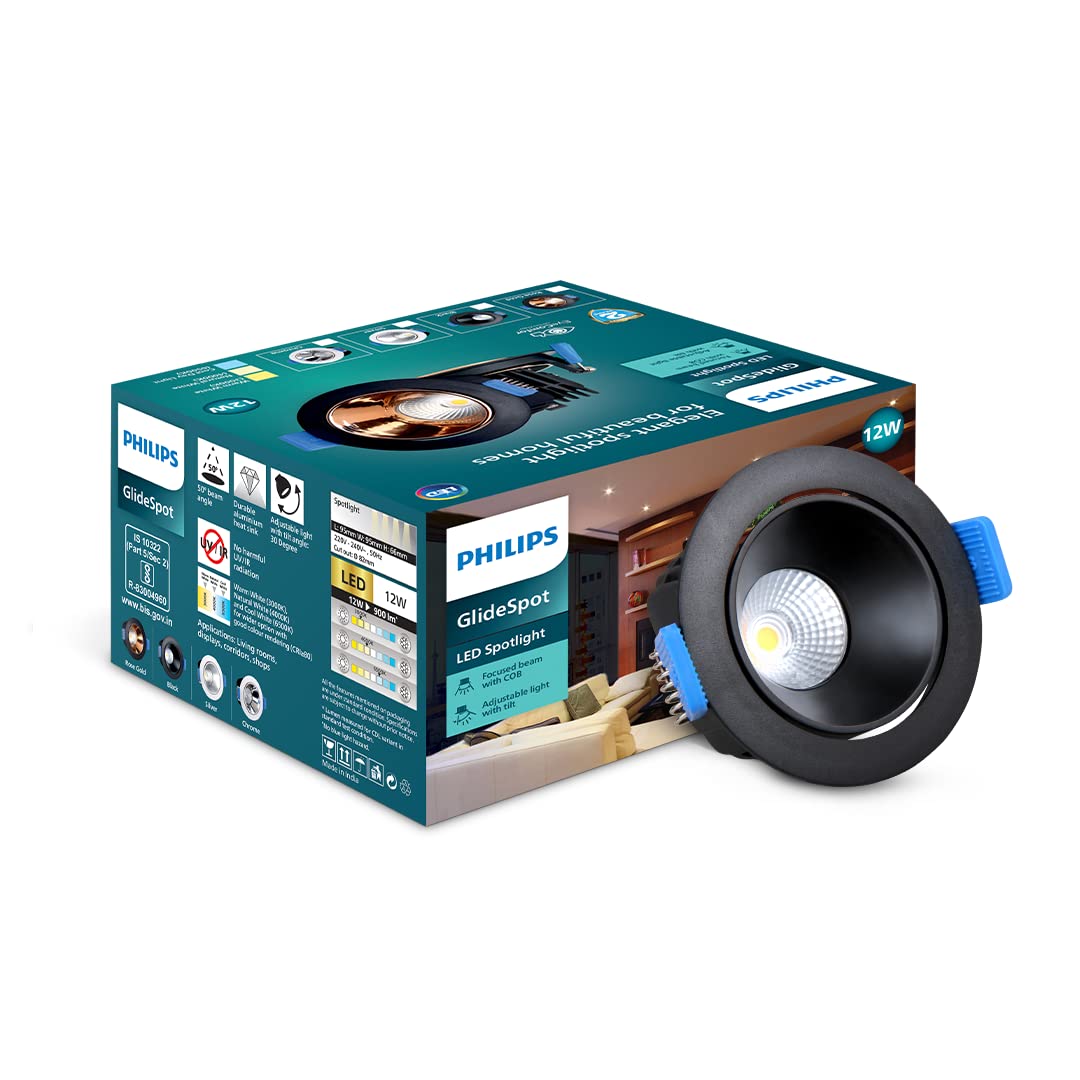 Philips 12 Watt Black Reflector LED Ceiling COB Round Spot Light with Adjustable Tilt (Pack of 2) (Warm White, B0BZRYNB76)