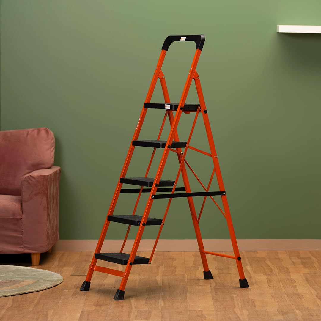 BonKaso Climb Easy 5 Step Heavy Duty Steel Folding Climbing Ladder for Home, Home & Office – with Safety Lock, Anti-Slip Wide Steps, Support Handle & Tool Tray (Orange & Black)