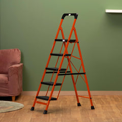 BonKaso Climb Easy 5 Step Heavy Duty Steel Folding Climbing Ladder for Home, Home & Office – with Safety Lock, Anti-Slip Wide Steps, Support Handle & Tool Tray (Orange & Black)