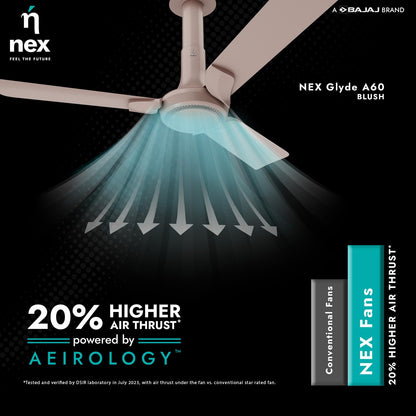 NNEX by BAJAJ Glyde A60 1200 MM | BEE 2 Star Rated Premium Ceiling Fan | 20% Higher Air Thrust* | Airfluence™ Al Blades | Adjustable Downrod | 2-Yr Warranty 【Blush】