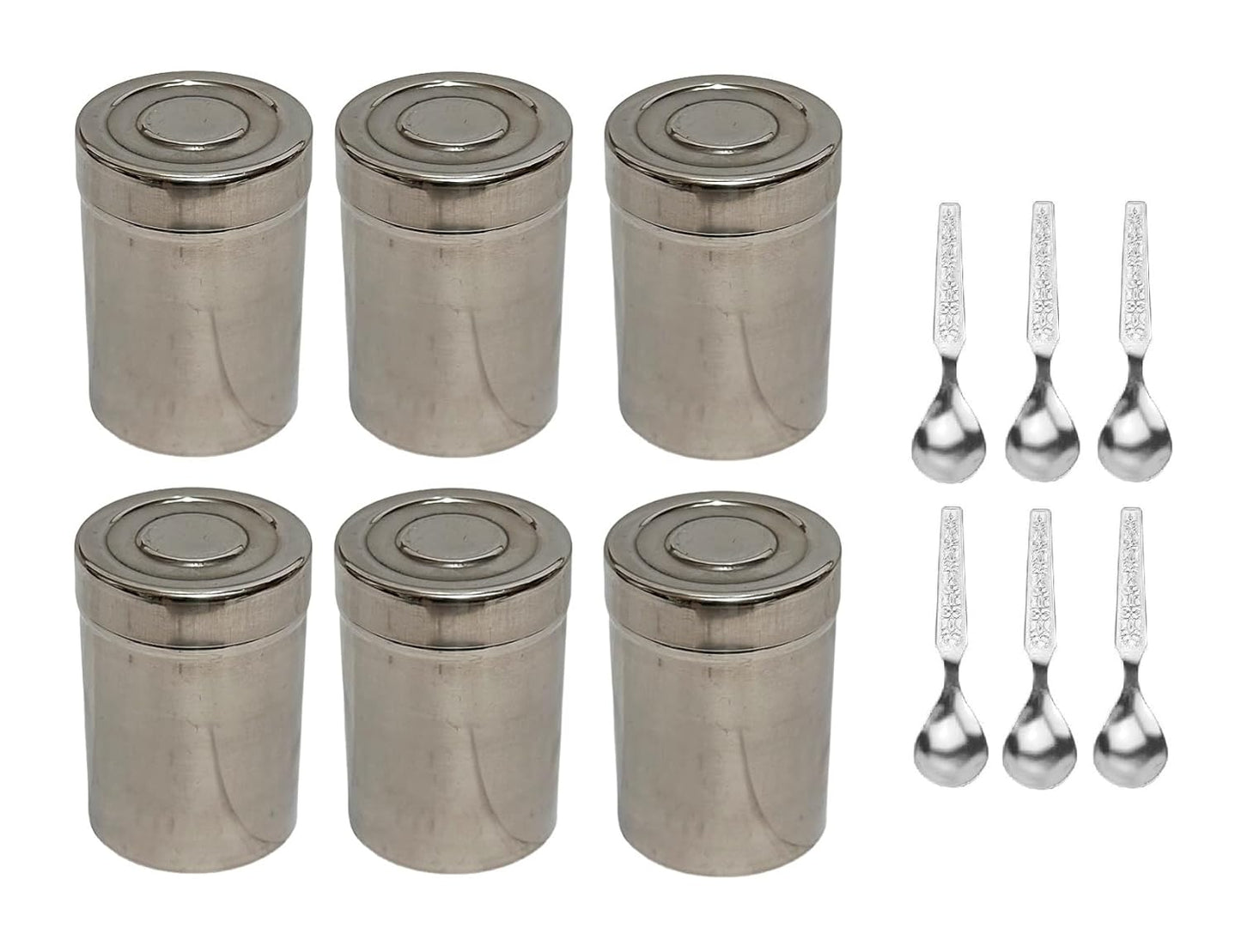 Dynore Stainless Steel 6 Pcs Multipurpose Spice Storage Container With Spoon| Kitchen Masala Storage Container Set | 100 Ml Each Container,Silver
