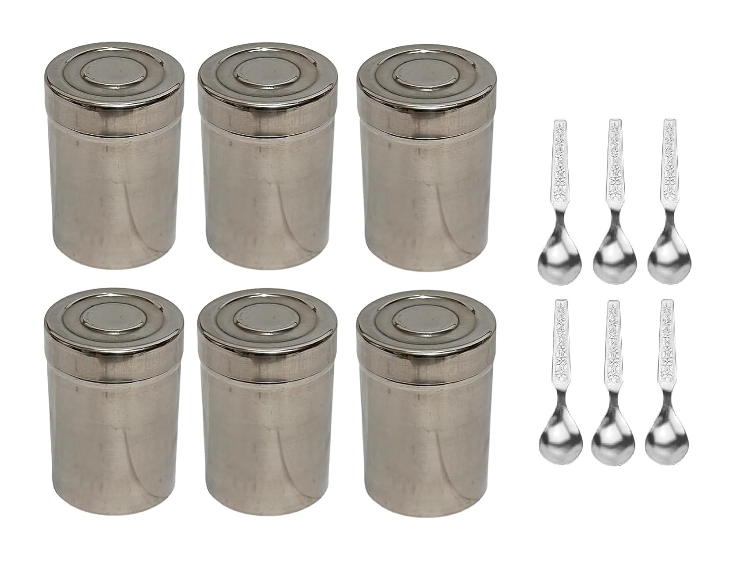 Dynore Stainless Steel 6 Pcs Multipurpose Spice Storage Container With Spoon| Kitchen Masala Storage Container Set | 100 Ml Each Container,Silver