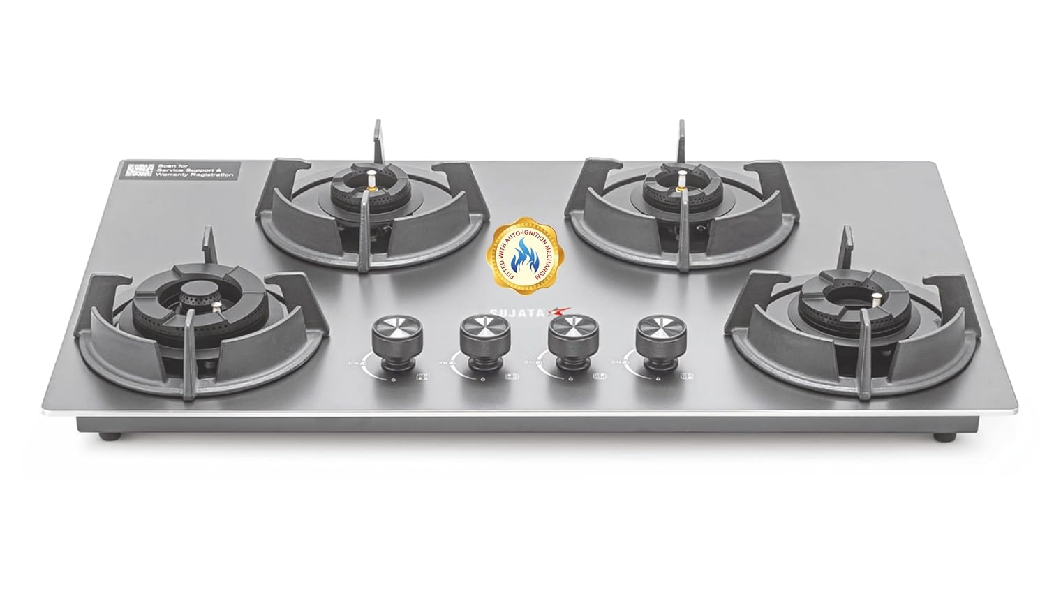 Sujata Gas Stove 4 Burners | 5 Years Warranty | 4 Burner Gas Stove Stainless Steel Auto Ignition, CookTop cum Hob Top, LPG Ready & PNG Compatible, Brass Burner (Osmium - 4 Burner Auto Ignition)