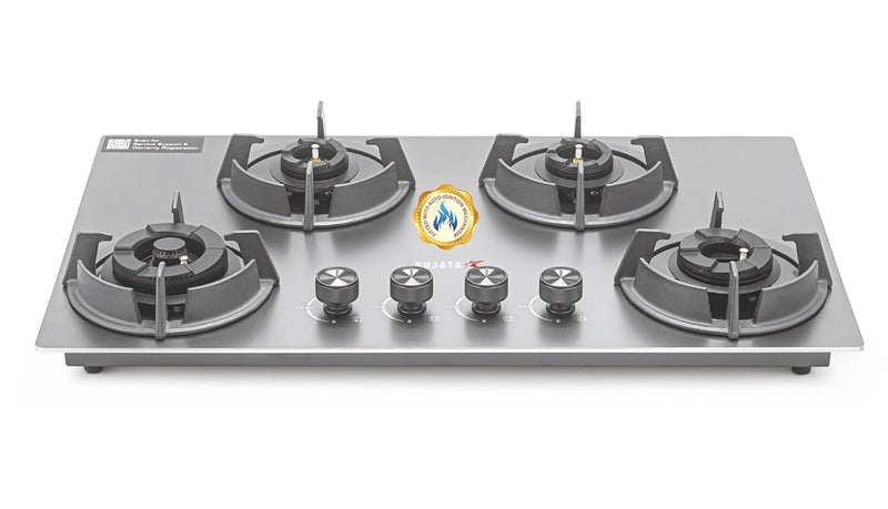 Sujata Gas Stove 4 Burners | 5 Years Warranty | 4 Burner Gas Stove Stainless Steel Auto Ignition, CookTop cum Hob Top, LPG Ready & PNG Compatible, Brass Burner (Osmium - 4 Burner Auto Ignition)