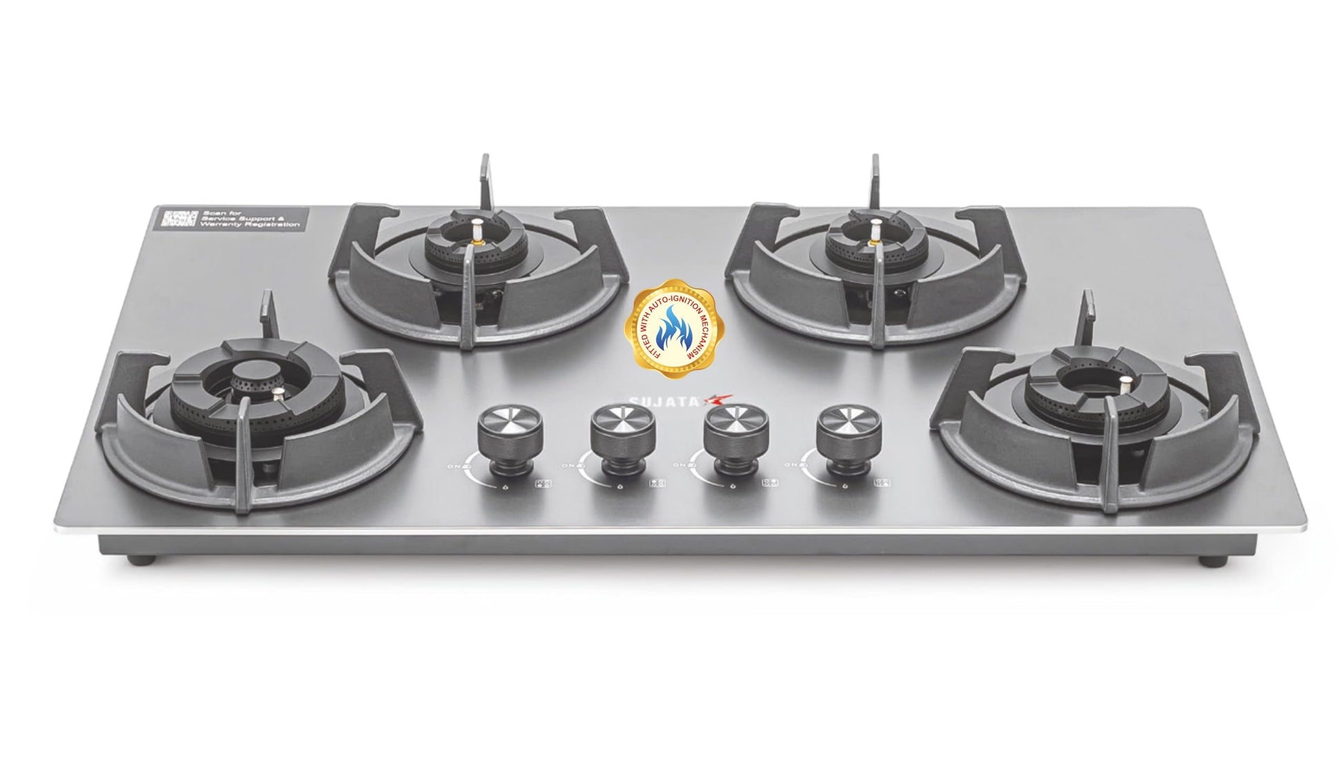 Sujata Hob Gas Stove 4 Burners Glass Top | 5 Years Warranty | 4 Burner Gas Stove Glass Top Auto Ignition, CookTop cum Hob Top, LPG & PNG Compatible, Brass Burner (Indium Auto Ignition - Black)
