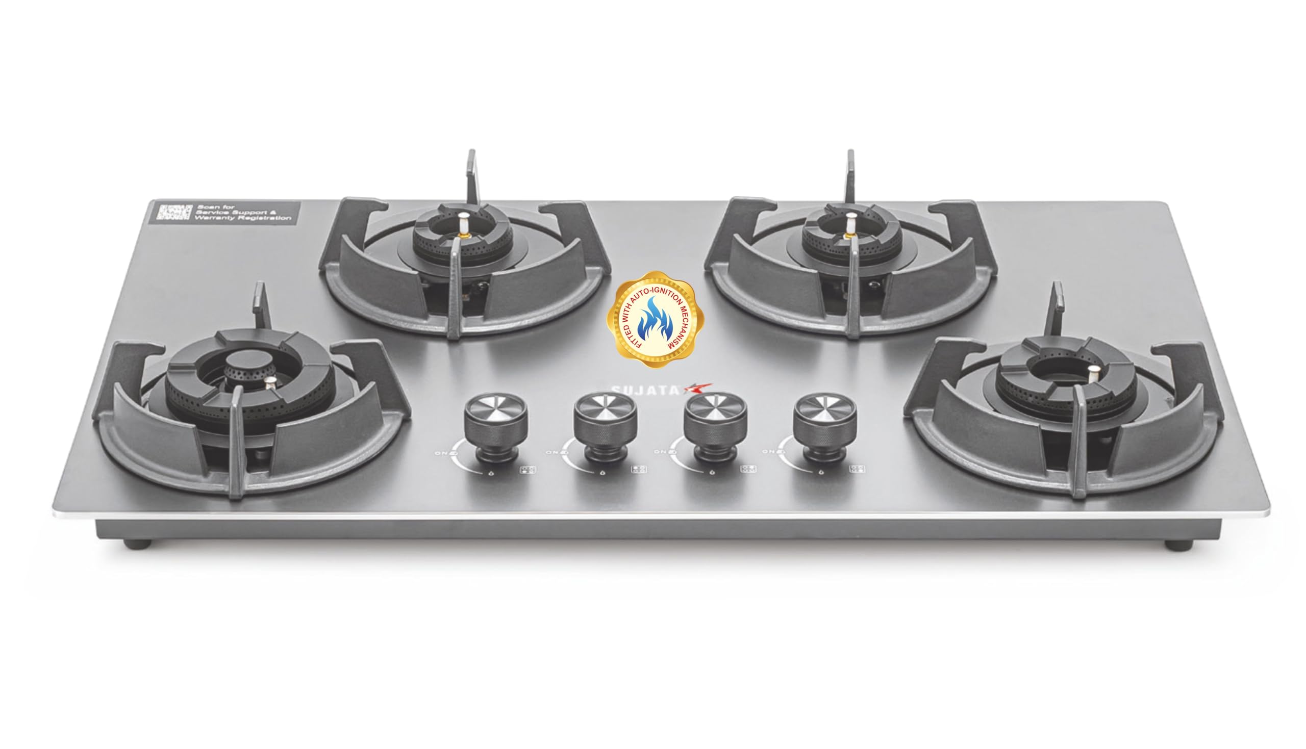 Sujata 3 Burner Gas Stove Glass Top | 5 Years Warranty | Auto Ignition Gas Stove 3 Burner, CookTop cum Hob Top 3 Burners, LPG & PNG Compatible, Brass Burner (Palladium FFD Auto Ignition - Black)