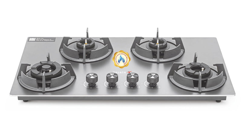 Sujata Hob Gas Stove 4 Burners Glass Top | 5 Years Warranty | 4 Burner Gas Stove Glass Top Auto Ignition, CookTop cum Hob Top, LPG & PNG Compatible, Brass Burner(Palladium FFD Auto Ignition - Black)